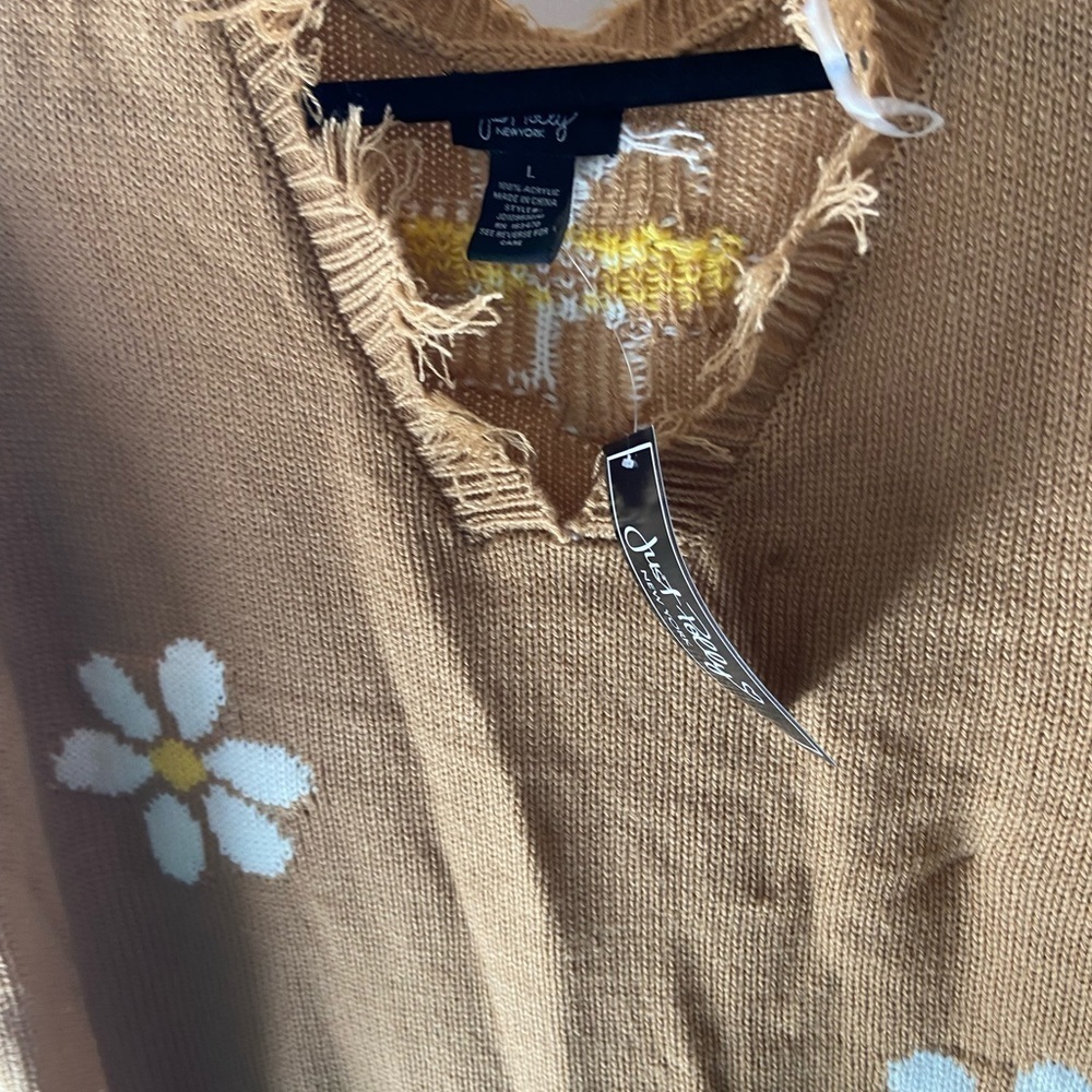 Just Polly‎ tan flowers sweater women's size Large - Picture 8 of 8